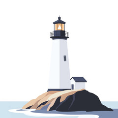  A coastal view with a lighthouse standing on a rocky cliff. flat vector