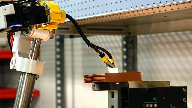 A modular robot equipped with various endeffectors dynamically switching tasks from welding to picking and placing items.