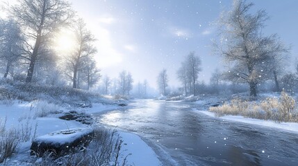Sunlit snowy river flowing through a frosty forest.
