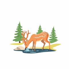  simple A serene scene of a deer drinking water from a tranquil stream. flar vector