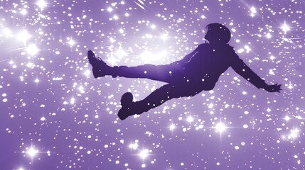 Naklejka premium Floating silhouette person in purple stardust with sparkling cosmic particles.