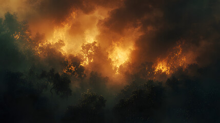 Naklejka premium A forest fire blazing through dense trees with fiery orange light piercing through black smoke clouds.