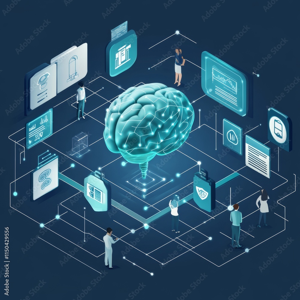 Poster innovative technology exploring artificial intelligence concepts with a visual representation of a b