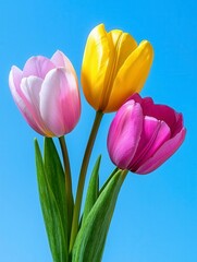 Obraz premium A photostock of spring flowers blooming under a bright blue sky with soft sunlight illuminating the colorful petals. High Quality