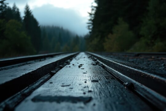 Train Tracks Receding Into a Misty Forest