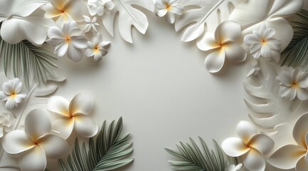 Delicate white floral arrangement with textured leaves on a neutral background