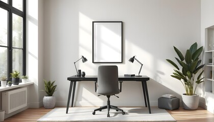 minimalist home office interior with sleek desk, mockup poster frame, neutral colors, clean lines, ergonomic chair, and natural light, perfect for modern workspaces