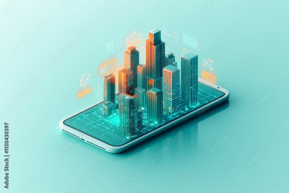 Poster digital cityscape displayed on a smartphone with high-tech visual effects representing urban develop