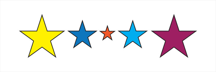 Obraz premium Ratings star and Collection of colorful star icons isolated on a white background. Blue,yellow,Red,Black,Pink Star icons.