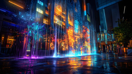Fototapeta premium A futuristic urban plaza with glowing fountains and watercolor hues blending into the surrounding architecture.
