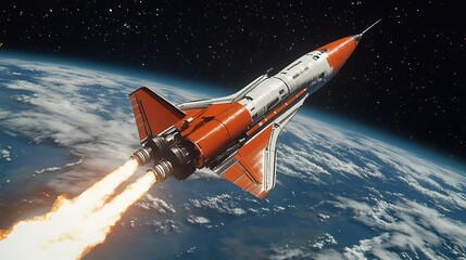 Obraz premium Space ship rocket shuttle is soaring in the sky with Earth planet