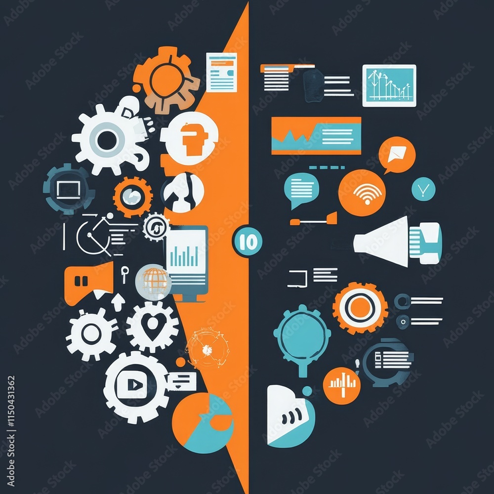 Poster creative visual representation of technology and data analytics concepts showcased as a brain split 