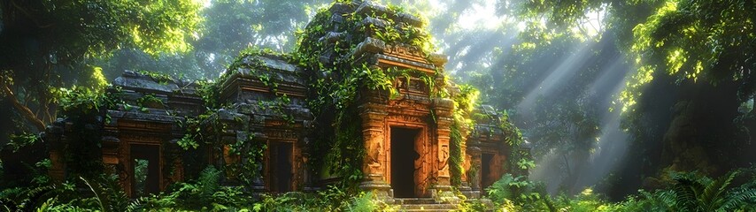 Fototapeta premium An ancient stone temple enveloped by lush greenery, showcasing intricate carvings and surrounded by vibrant foliage. Sunlight filters through the trees, creating a mystical atmosphere.