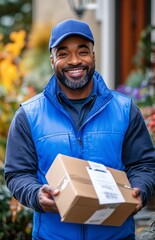 Smiling Black delivery person with package in front of house garden background