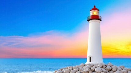 Fototapeta premium A photostock of a classic lighthouse standing tall on a rocky shore with waves crashing below and a vibrant sunset sky. High Quality
