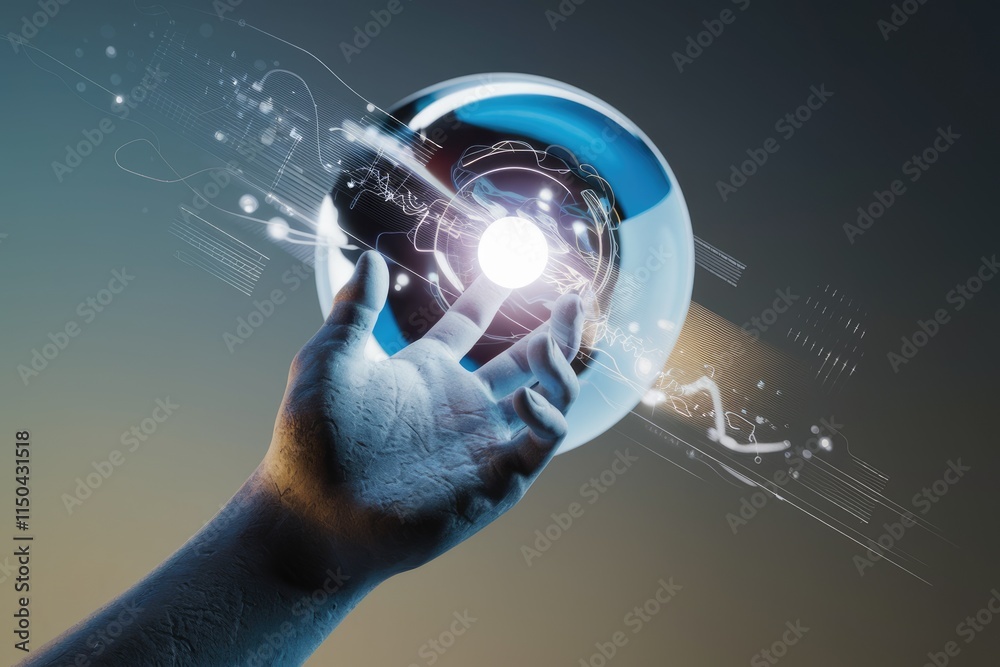Poster a hand interacts with a futuristic holographic interface, showcasing technological advancement and i