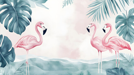 Naklejka premium A serene tropical patchwork with hand-drawn monstera leaves watercolor flamingos and soft waves in gentle pastel hues.