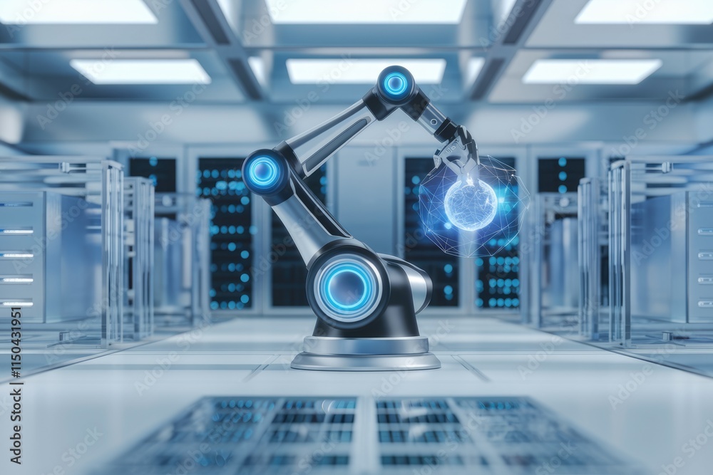 Poster Robotic arm in a server room manipulates a glowing digital globe, symbolizing technological advancement and global connectivity.