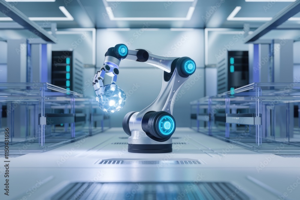 Poster A robotic arm in a futuristic data center delicately handles a glowing network sphere, symbolizing technological advancement and automation.