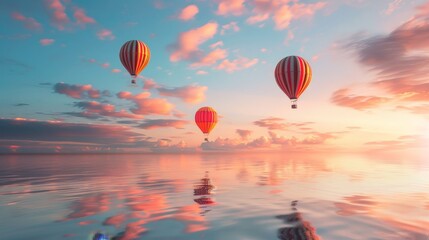 Obraz premium Pastel hot air balloons soar over pink cloud sea at sunset, reflected in tranquil waters