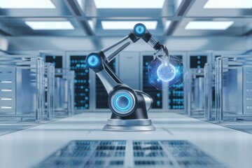 Robotic arm in a server room manipulates a glowing digital globe, symbolizing technological advancement and global connectivity.