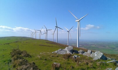 Wind turbines on green hills, generating renewable energy.