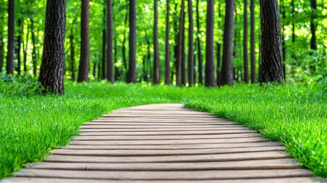 A photostock of a peaceful forest path lit by soft golden light, surrounded by tall trees and fresh greenery. High Quality