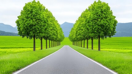 A photostock of a scenic country road lined with tall green trees, leading into a serene, misty horizon for a peaceful journey theme. High Quality