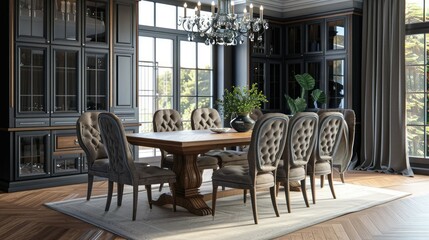 Naklejka premium 3D rendering of elegant dining room with wooden table and stylish chairs