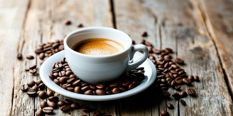 Espresso Coffee Cup With Beans On Vintage Table 