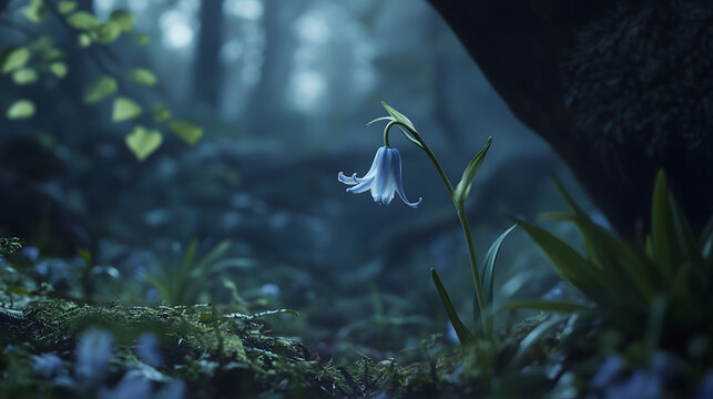 A single bluebell drooping gracefully amidst a shaded woodland its soft blue hues glowing in the dim light.