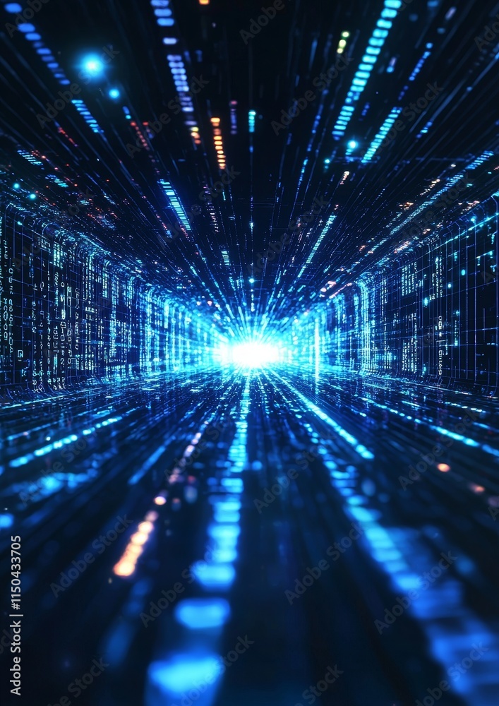 Aufkleber Visual Representation of Data Streams and Digital Pathways Illuminated by Bright Blue Light in a Futuristic Setting With Lines of Code in Motion