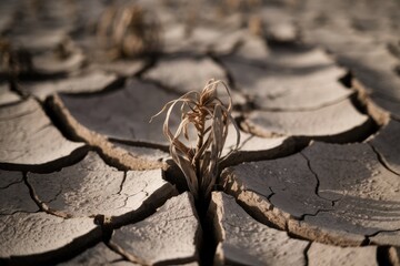 A withered plant struggles to survive in cracked, arid earth, a stark image of drought and desertification.