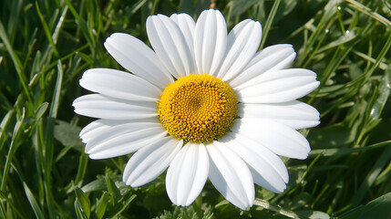 Obraz premium A single daisy with a golden center and crisp white petals basking in soft morning light on a grassy field.