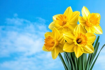 Fototapeta premium A photostock of a vibrant field of daffodils in full bloom under a bright blue spring sky, symbolizing renewal and joy. High Quality