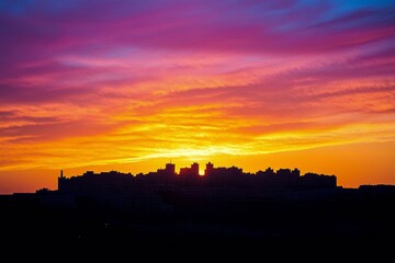 Fototapeta premium Stunning sunset over a city skyline with vibrant orange and pink hues illuminating the sky