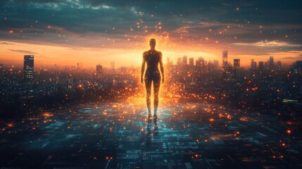 Fototapeta premium A silhouetted figure stands against a glowing cityscape, symbolizing technology and humanity.