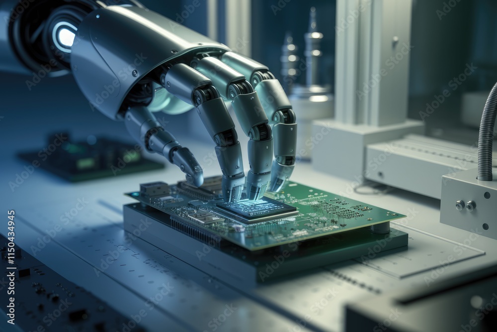Aufkleber A robotic hand precisely places a microchip onto a circuit board in a high-tech manufacturing facility.
