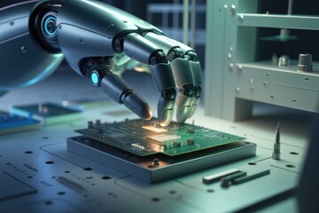 Fototapeta premium A robotic arm precisely places a microprocessor onto a circuit board, showcasing advanced automation in technology manufacturing.