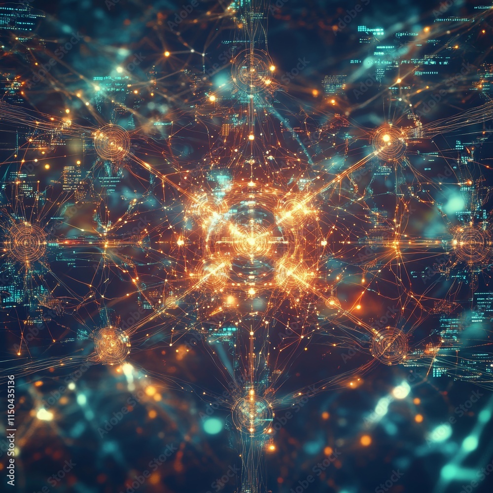 Fototapete Digital Networks and Connections Illuminated by Glowing Nodes Create a Visually Striking Representation of Technology and Data Interaction Dynamics