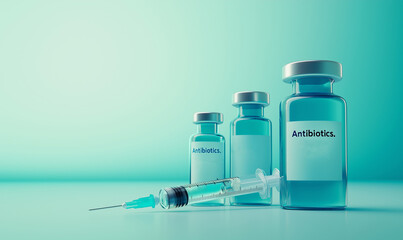 Pharmacy displaying Antibiotics medicine bottles and pills modern drug store environment close-up view of tablets and syringe for injection.