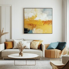 Modern Living Room Featuring a Vibrant Abstract Painting With Warm Tones, Stylish Furniture, and a Cozy Ambiance During Daylight Hours