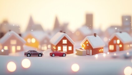 Idyllic snowy village scene at sunset with miniature houses and cars.