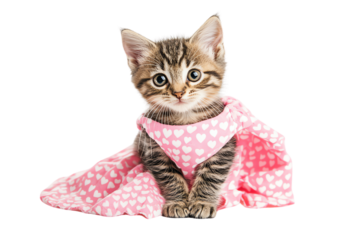 Cute kitten in a pink dress with hearts.
