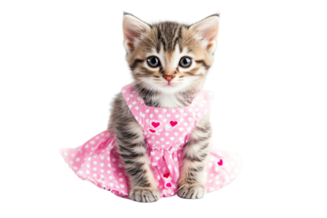 Cute kitten wearing a pink dress with hearts.