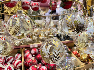 Pretty gold glass Christmas ornaments for sale at a Munich Christmas Market