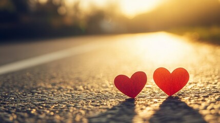 Fototapeta premium Two small paper hearts on a sunlit road, symbolizing love and connection during a peaceful afternoon, with copy space