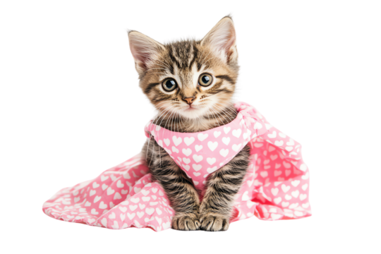 Cute kitten in a pink dress with hearts.