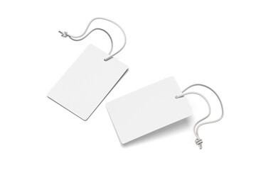 White blank price label tag isolated on white background, front view clothing label mockup with copy space, real close-up picture 