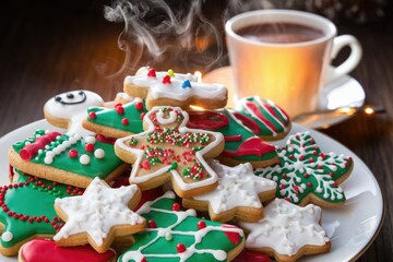 Obraz premium A plate of assorted Christmas cookies, decorated with festive icing and sprinkles, next to a steaming mug of hot chocolate.